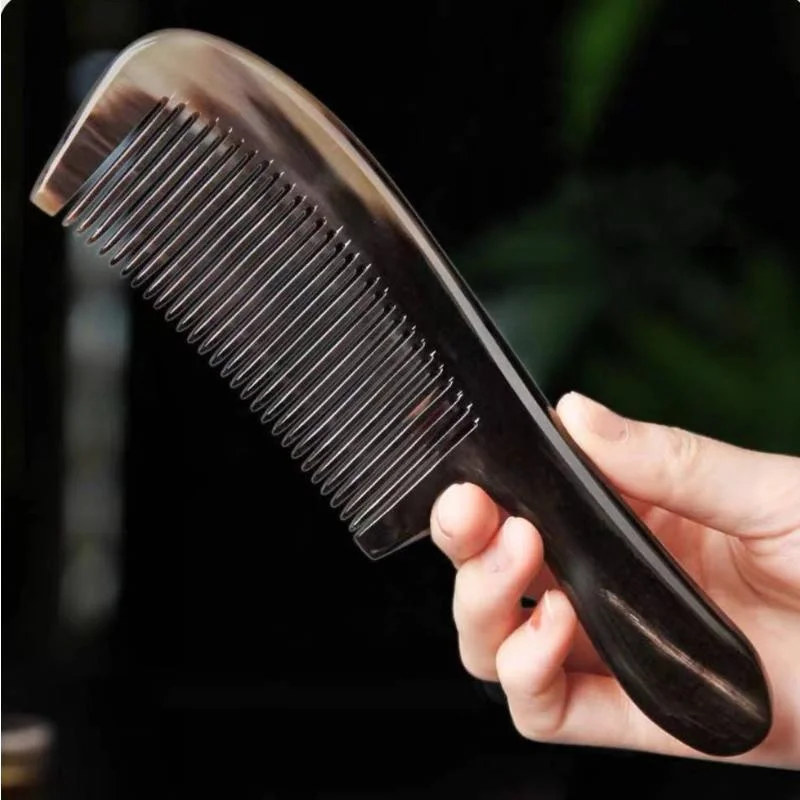 

100% Natural Yak Horn Hair Comb Handmade Fine Tooth with Long Round Handle Anti-Static Scalp Meridian Massage Head Brush