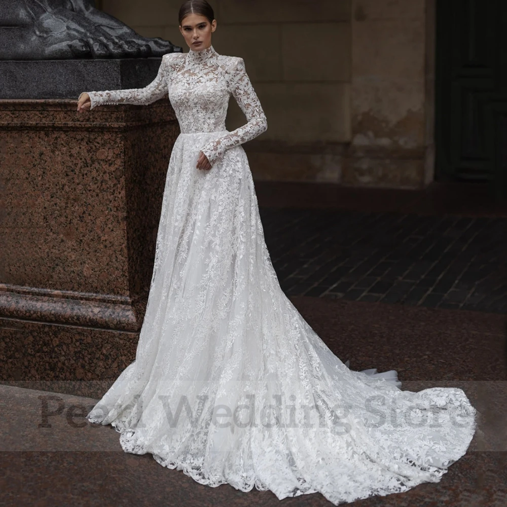 Vestido de novia de encaje de ilusión de cuello alto de lujo, manga larga, línea A, hasta el suelo, botones, tren de barrido nupcial, vestidos de Iglesia