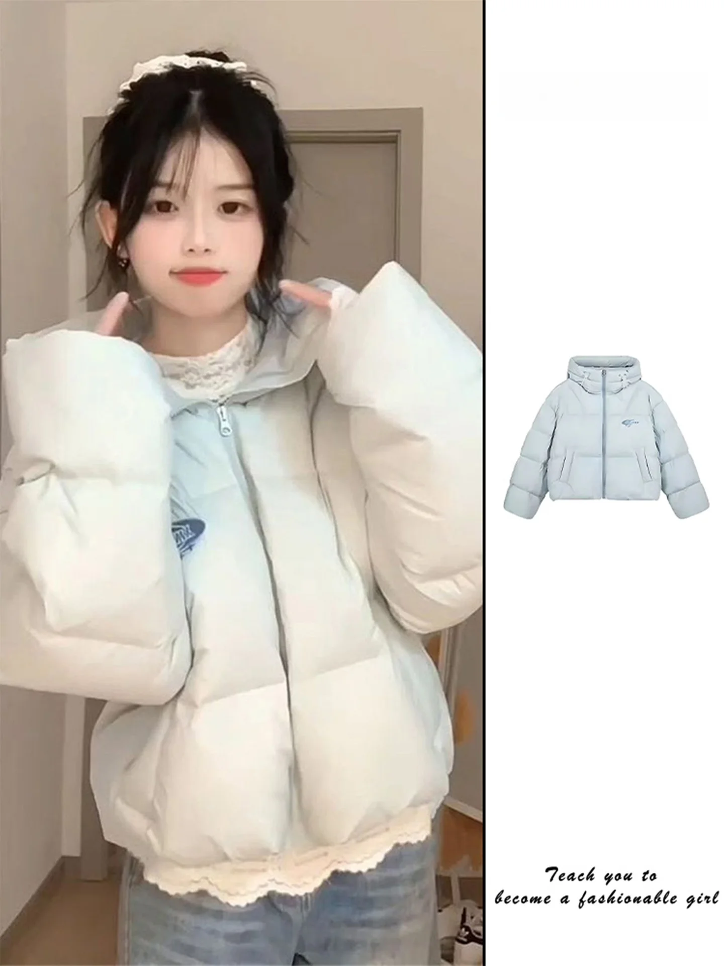 

Blue Embroidered Hooded Thiened Cotton Jaet Women's Winter Puffy Coat Small Size Not Bulky Trendy ort Zipper Closure
