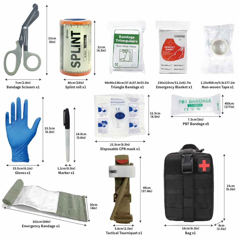 IFAK-Tactical Survival First Aid Kit, Molle Bag, portátil, emergência, resgate, ao ar livre, camping, caminhadas, esportes, 16pcs