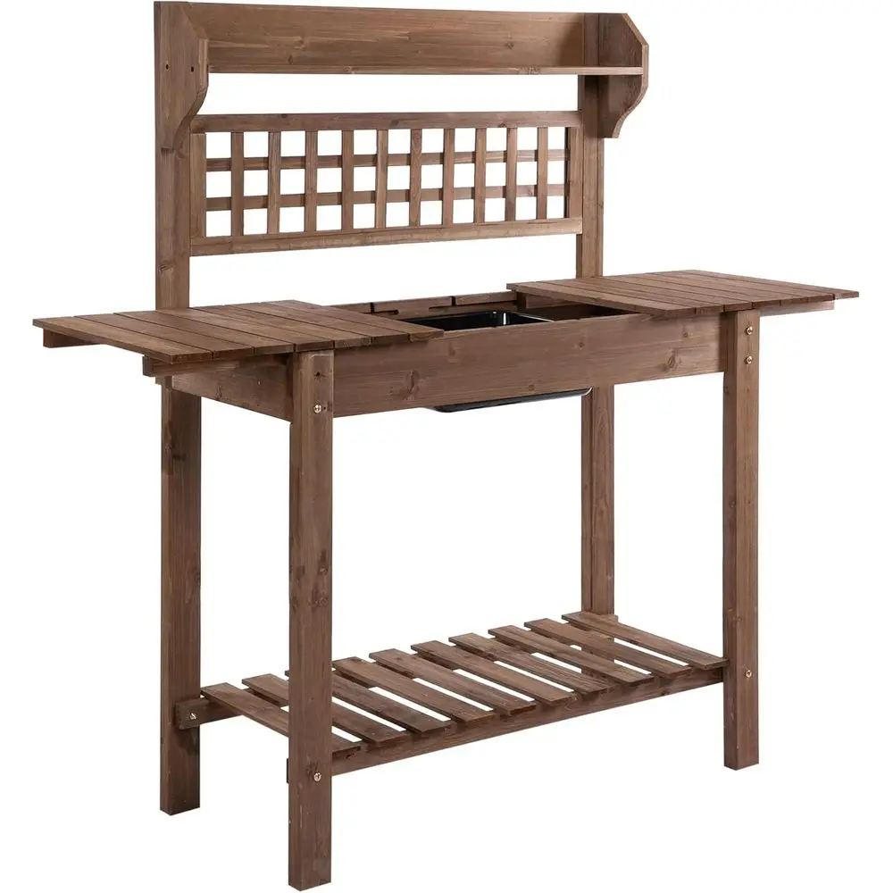 

Wooden Outdoor Potting Bench with Sliding Top, Storage and Sink, Ideal for Garden and Patio, Brown