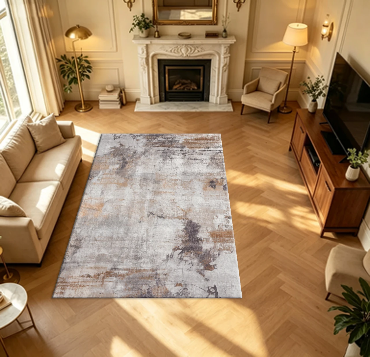 Alfombra Grande Abstracta con Diseño de Salpicaduras de Pintura Desgastada en Gris Taupe, Estilo Retro, para Apartamentos y Hogares