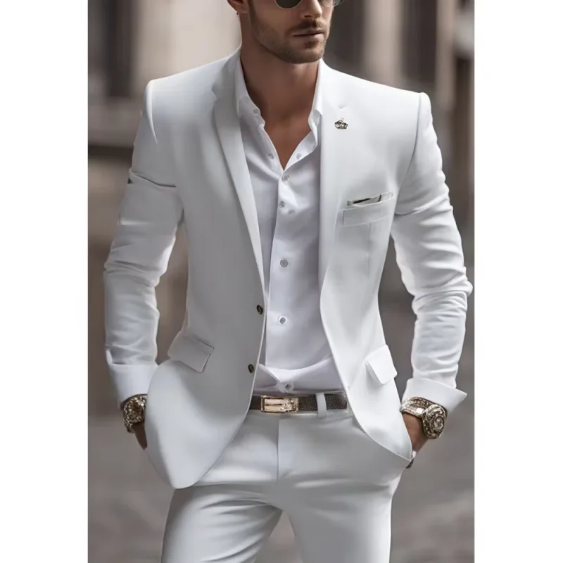 

White Slim Fit Men's 2-Piece Tuxedo Notch Lapel Two Buttons Business Wedding Prom Groom Suit Jacket And Pants Set Men Clothing