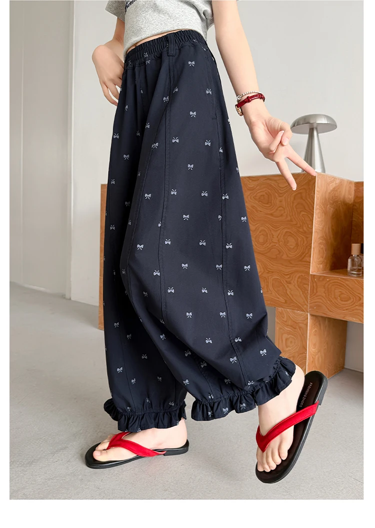 Elegante Kinder-Freizeithose mit Rüschen und Schleife für Mädchen im Alter von 5, 6, 8, 10, 12, 14 Jahren, Marineblau – Detail 7