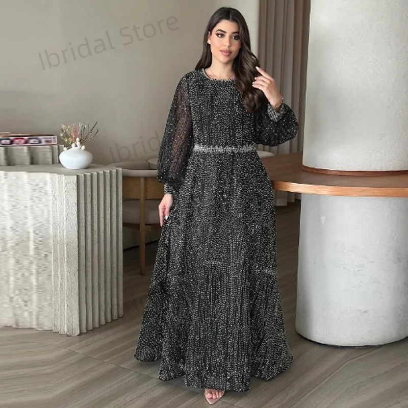 Customized Elegant Muslim Evening Dress Luxury A-Line Long Sleeves Beads Formal Prom Wedding Party Gown for Women