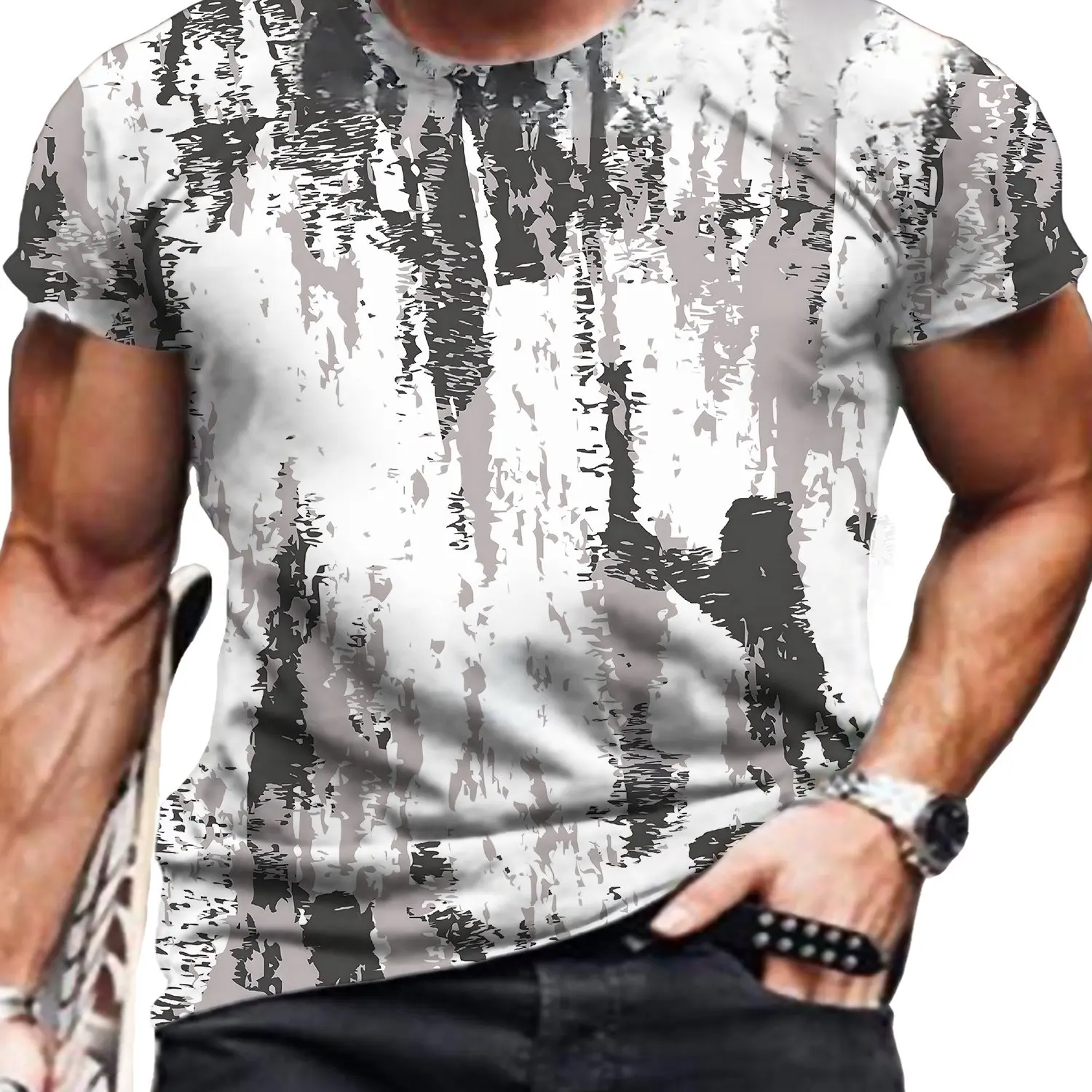 Autumn Loose Color Matching Ink Splashing Men' s 3D Printing Short- sleeved T- shirt Holiday Gift T- shirt Large Size Top