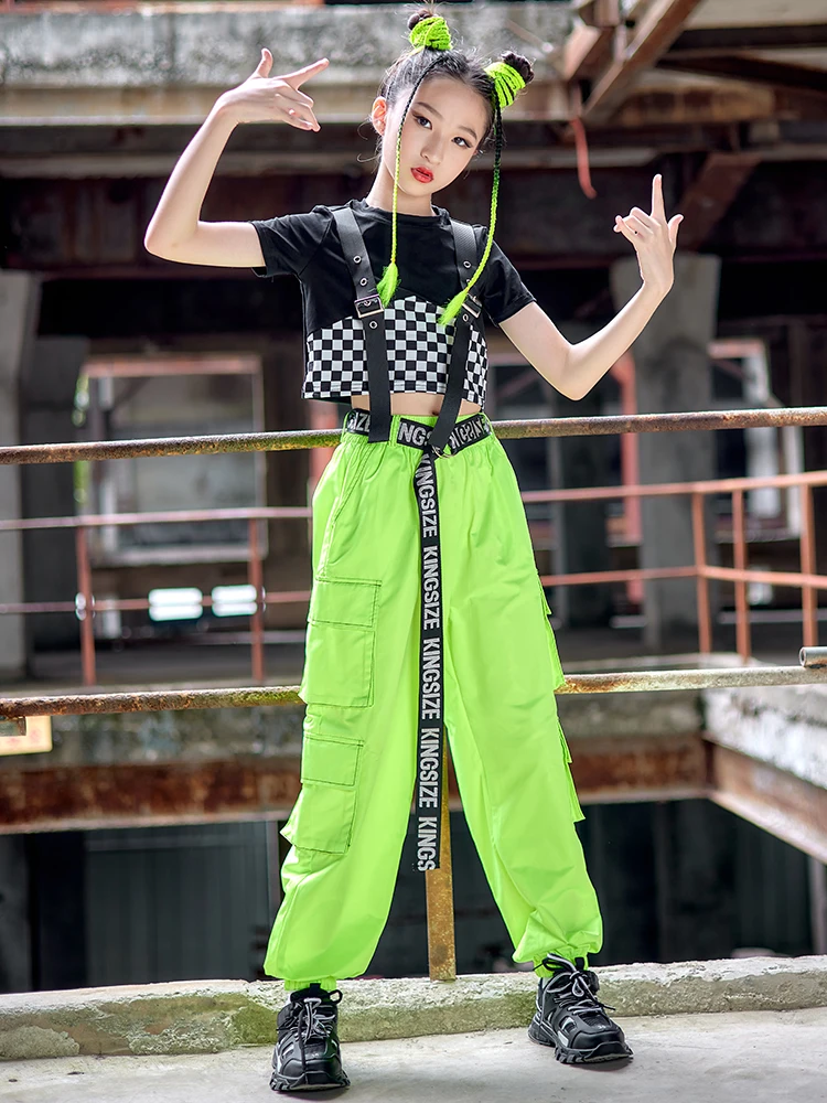 Kids Jazz Dance Costume Hip Hop Outfits Girls Tops Green Pants Street Dance Kpop Clothing Concert Performance Stage Wear BL8606