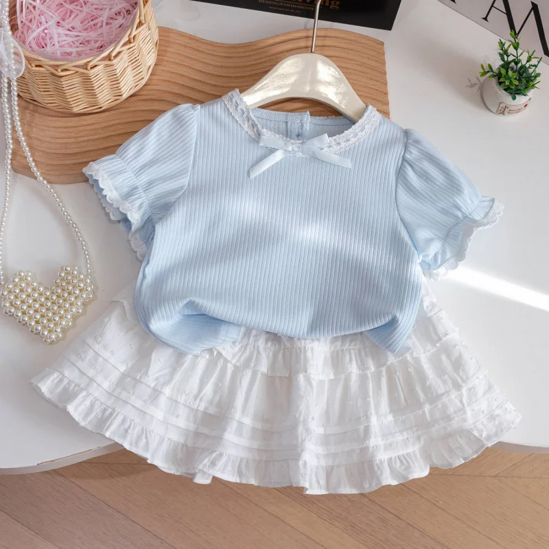 

KXKM-Girls Fashionable Summer Clothing Fashionable Suit New Children Princess Pure CottonTPleated Skirt Two-Piece Set
