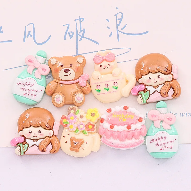 10 Pcs New Lovely Cartoon Little Bear, Flower Basket, Girls' Series Resin Scrapbook Diy Jewellery Hairpin Accessories Decorate