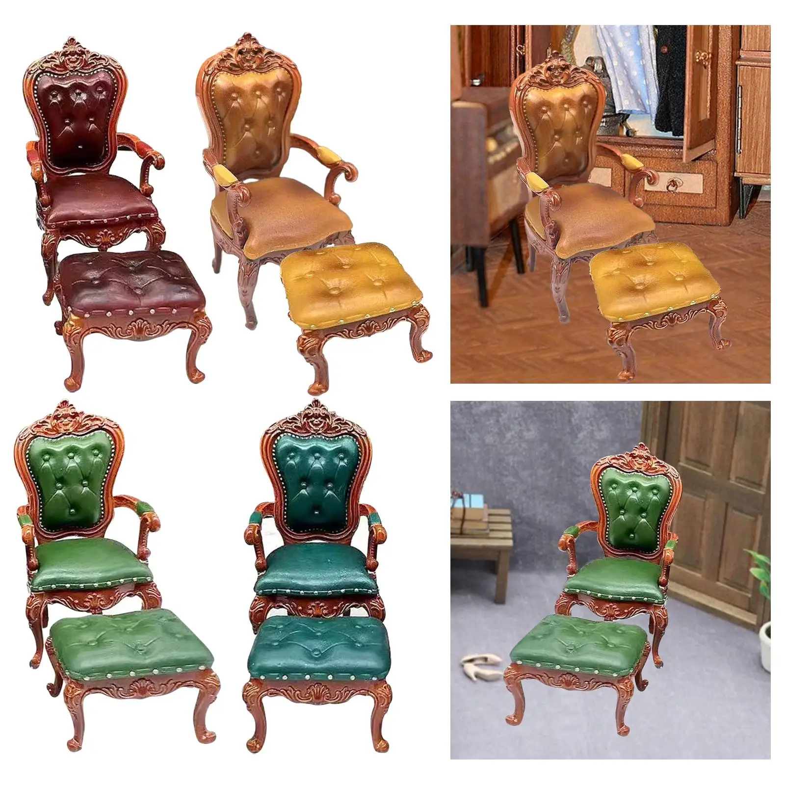 2x 1:12 Scale Dollhouse Chair and Foot Stool Life Scene Furniture Doll Accessories Decoration for Bedroom Living Room Ornaments