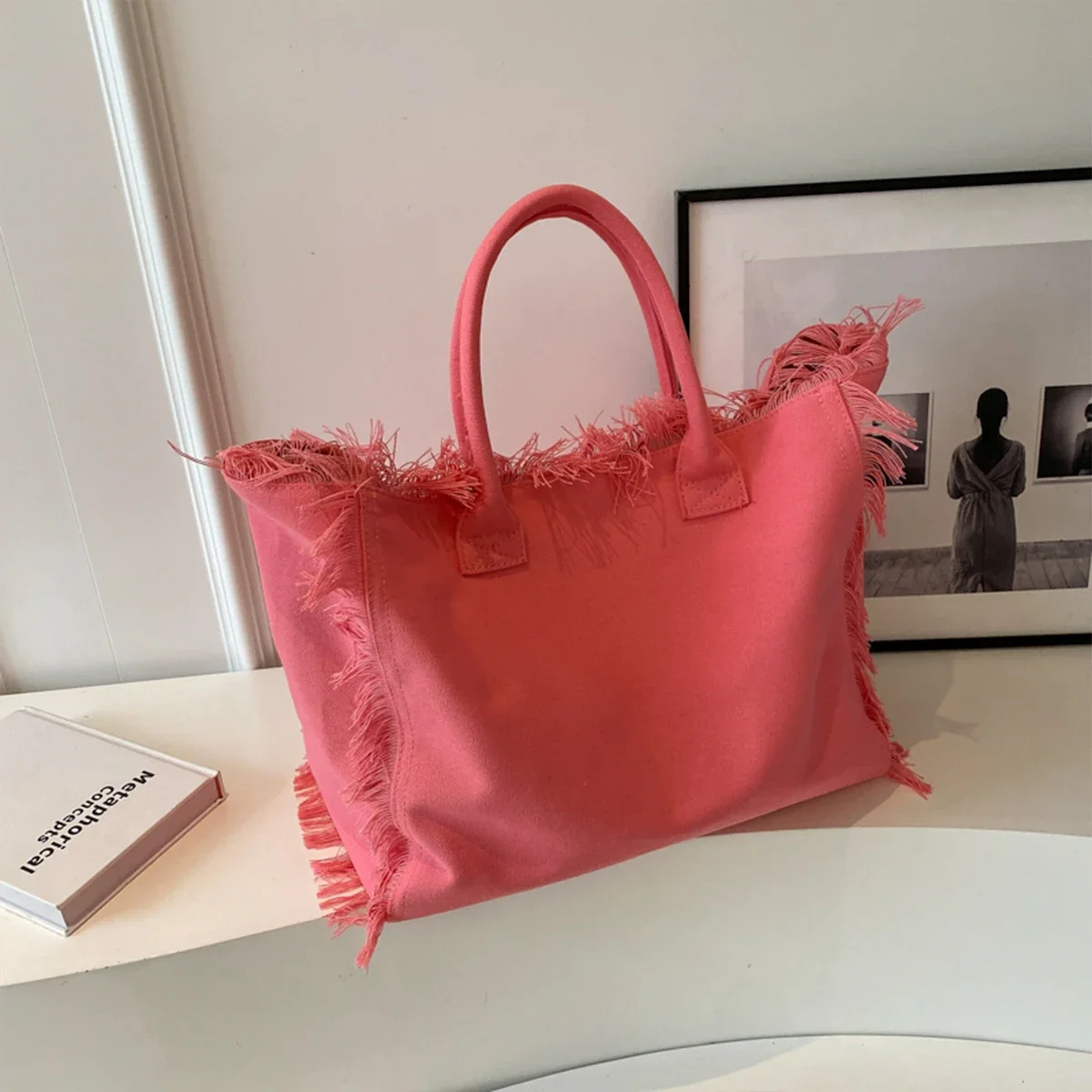 

Minimalist Canvas Tote Bag Womens Fashionable OpenTop Large Capacity Shoulder Bag Lightweight Fringe Trim Perfect Daily Shopping