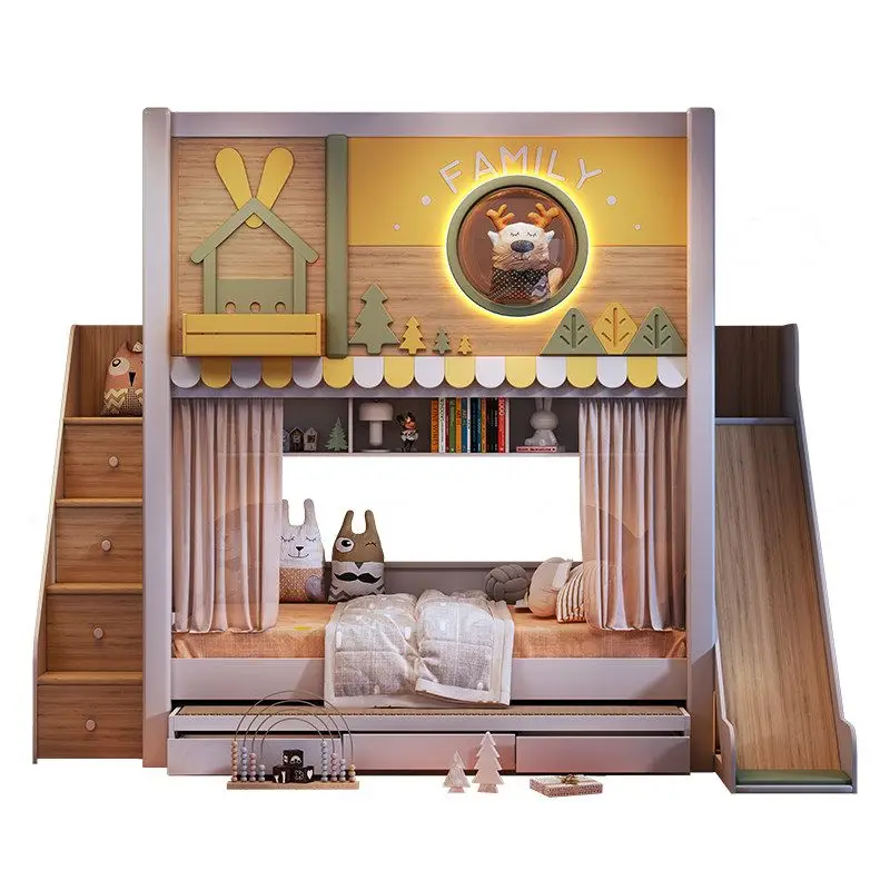 *Modern Forest Theme Kids Bunk Bed With Slide Storage Stairs Drawers Bookshelf Children Bedroom Furniture for Boy Girl
