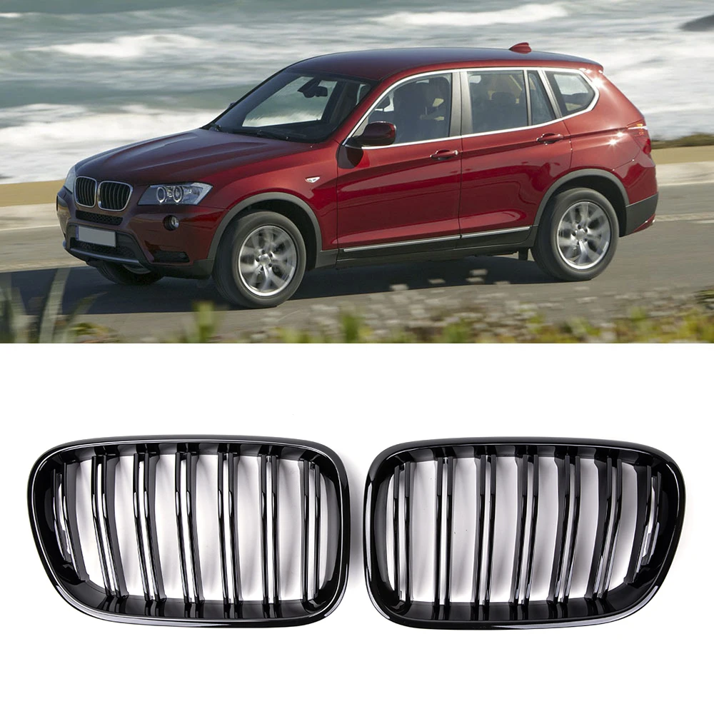 

One Pair ABS 2010-2013 Glossy Black Car Front Gril For BMW X3 F25 Dual Slats Front Bumper Kidney Grille Auto Accessories