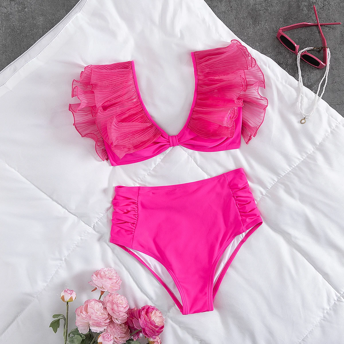 Bikini de cintura alta con volantes y hombros descubiertos para mujer, traje de baño Sexy de encaje, traje de baño para mujer, ropa de playa para vacaciones