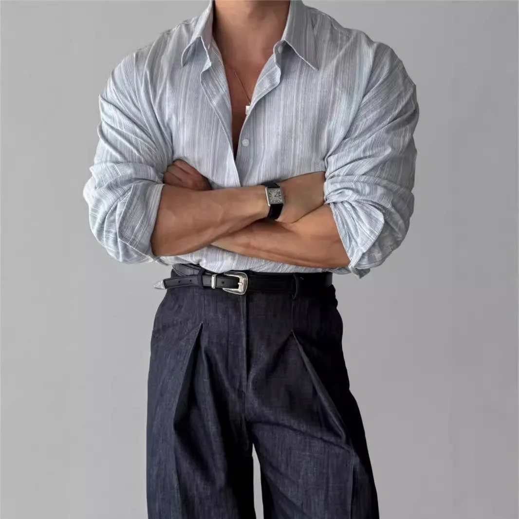 Men's Shirts 2025 Autumn Linen Striped Long Sleeve Shirt Office Suit Mature Casual Wrinkle Resistant Lightweight Blue Shirts