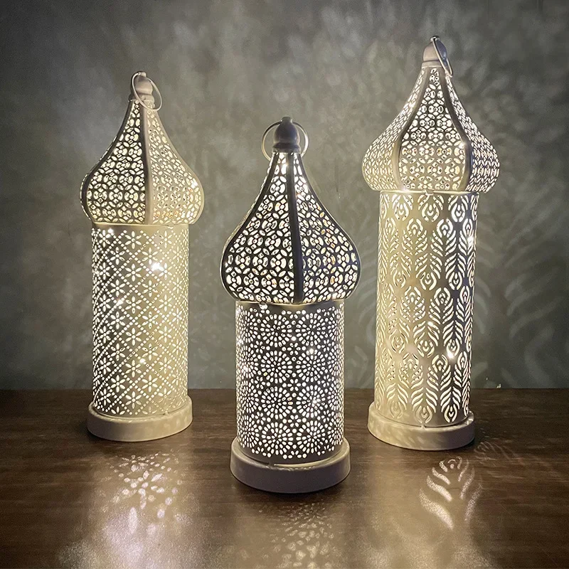 White LED Hollow Out Iron Lantern Vintage Home Decor Bedroom Living Room Ambient Lighting Craft Ornament for Indoor Outdoor Use