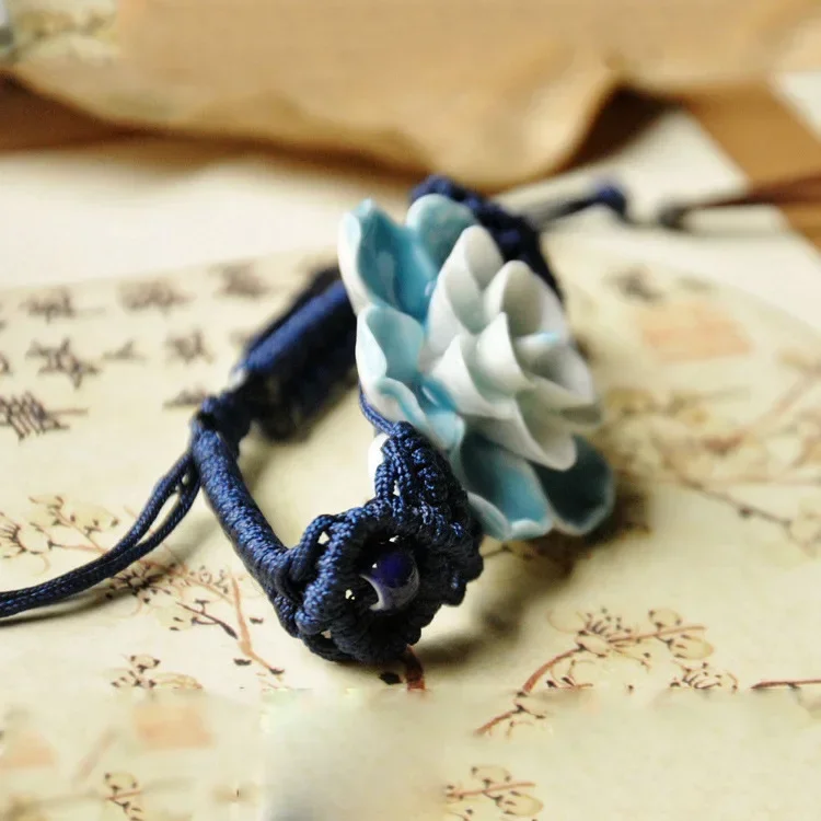 Fashion Charm Ceramics Muticolor Flower Ethnic Style Bracelet Original Design Bangle Hand Knitted Amulet Jewelry Gifts for Women