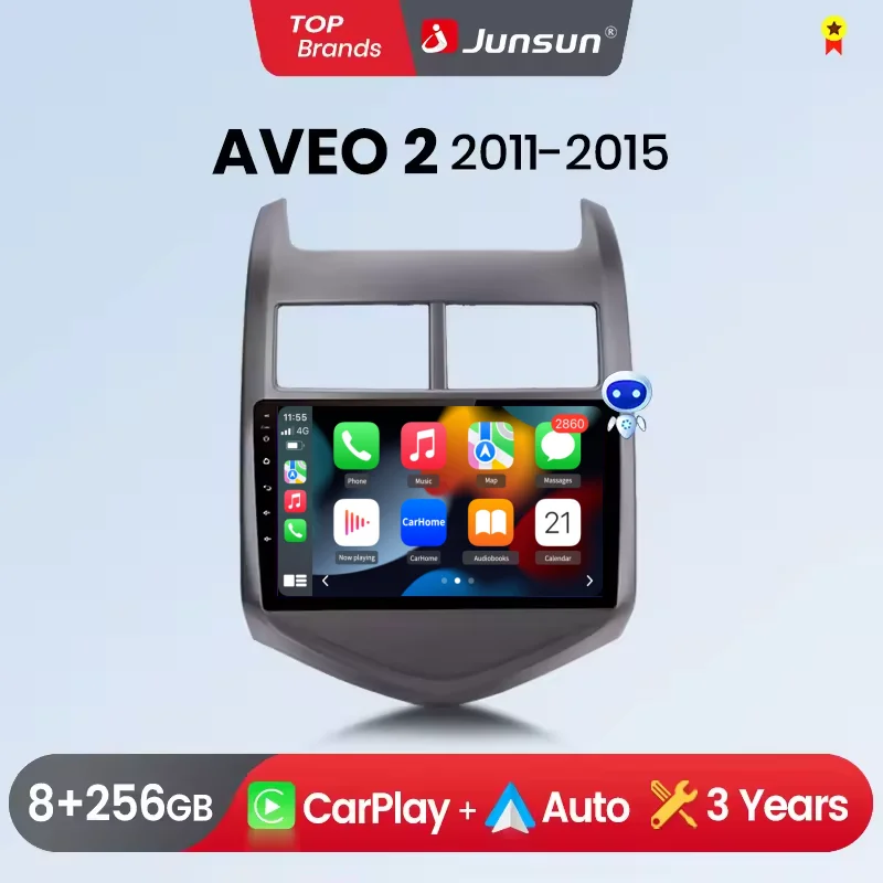 Autoradio multimediale Junsun 2din Android per Chevrolet Aveo 2 Sonic T300 2011-2015 con CarPlay, navigazione GPS e comandi al volante.