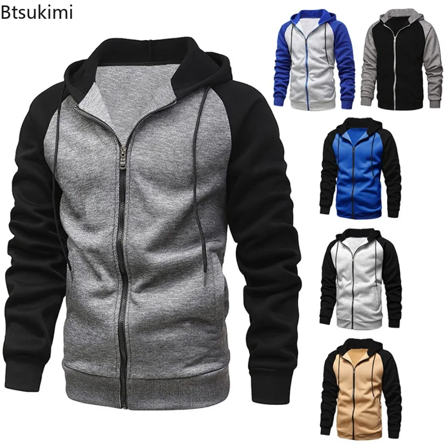 New 2025 Men's Casual Hooded Jackets Autumn Winter Fleece Zipper Hoodies Coats for Men Fashion Patchwork Sweatshirts with Pocket