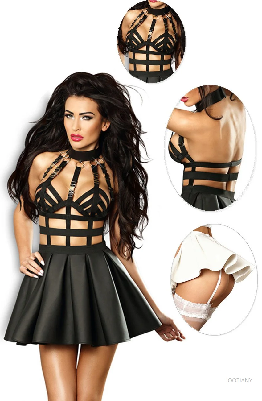 

Women Umbrella Skirt Black White Faux Leather Bondage Mini Dresses Sexy Hollow Out Pu Leather Dress Clubwear Pole Dance Costume