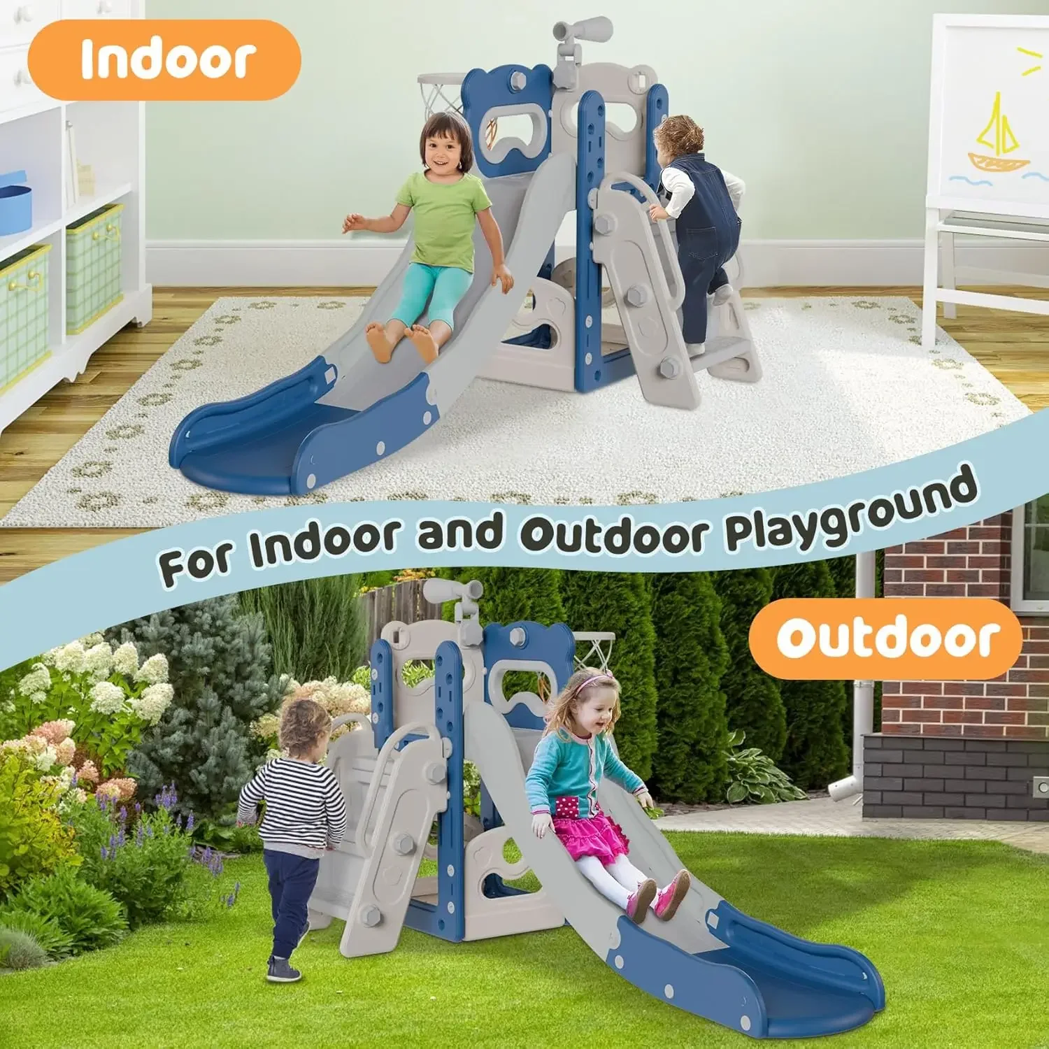 6 in 1 Kids Indoor Slide for Toddlers 1-3, Baby Slide for Indoor Outdoor with Basketball Hoop and Telescope, L Sh