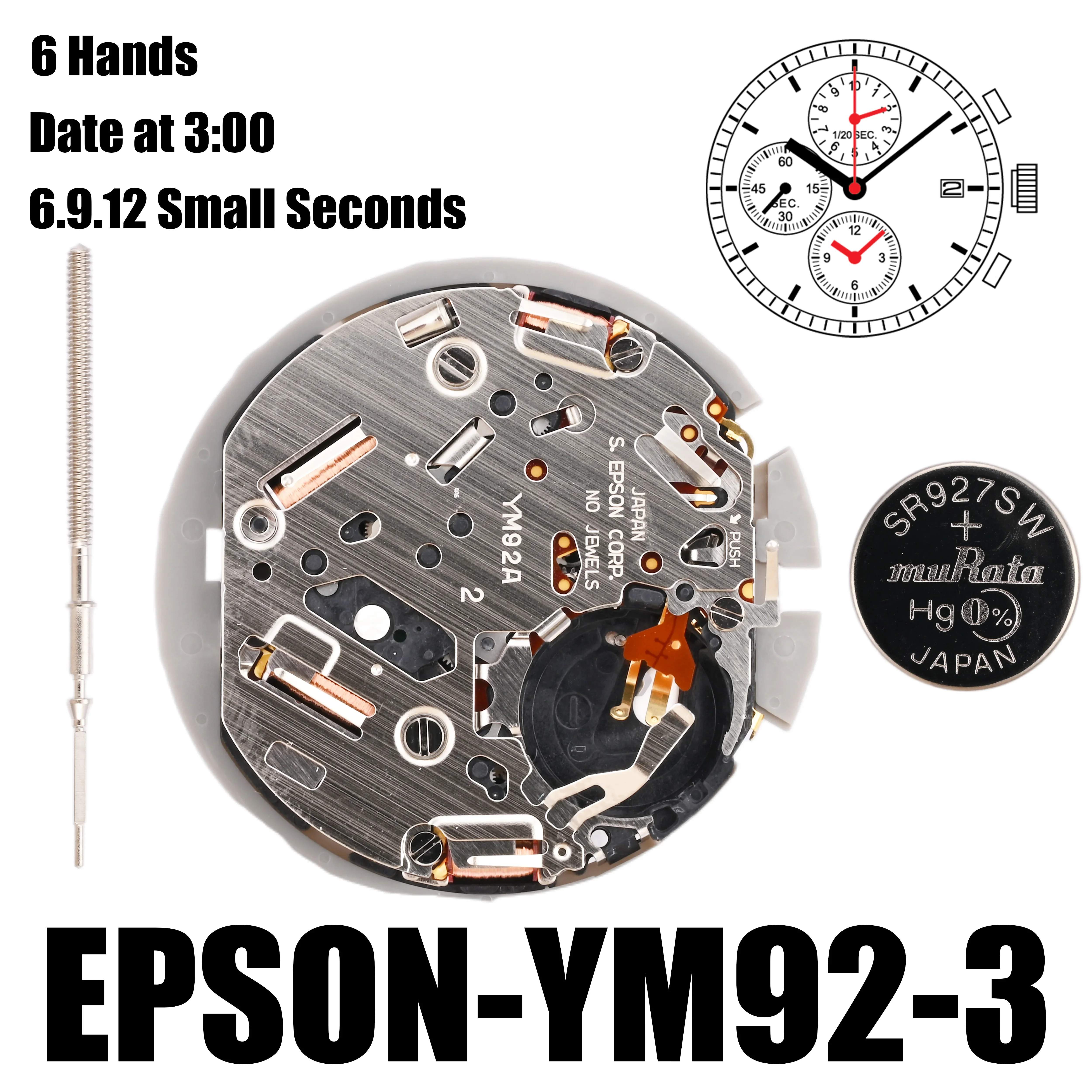 YM92 Movement Epson YM92-3 Movement 6 Hands 6:00/9:00/12:00 Small Seconds Size : 12'''Height: 3.70mm 1/20 Sec. Chronograph