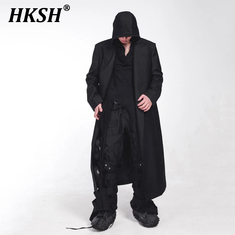 HKSH Men's Tide Pioneer Dark Waste Soil Punk Loose Blazer Shoulder Pads Over Knee Woolen Windbreaker Trendy Chic Trench HK3175