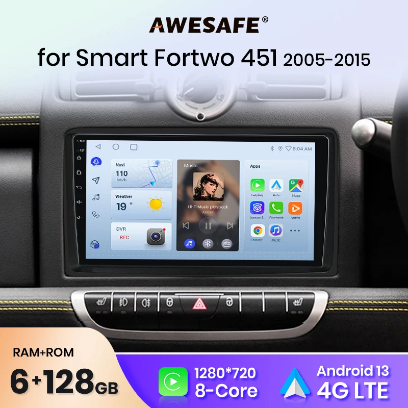 AWESAFE PX9 Car Radio Autoradio for  Smart Fortwo 451 2005 - 2010 Wireless Carplay Screen Android Auto Stereo GPS Navi FM RDS BT