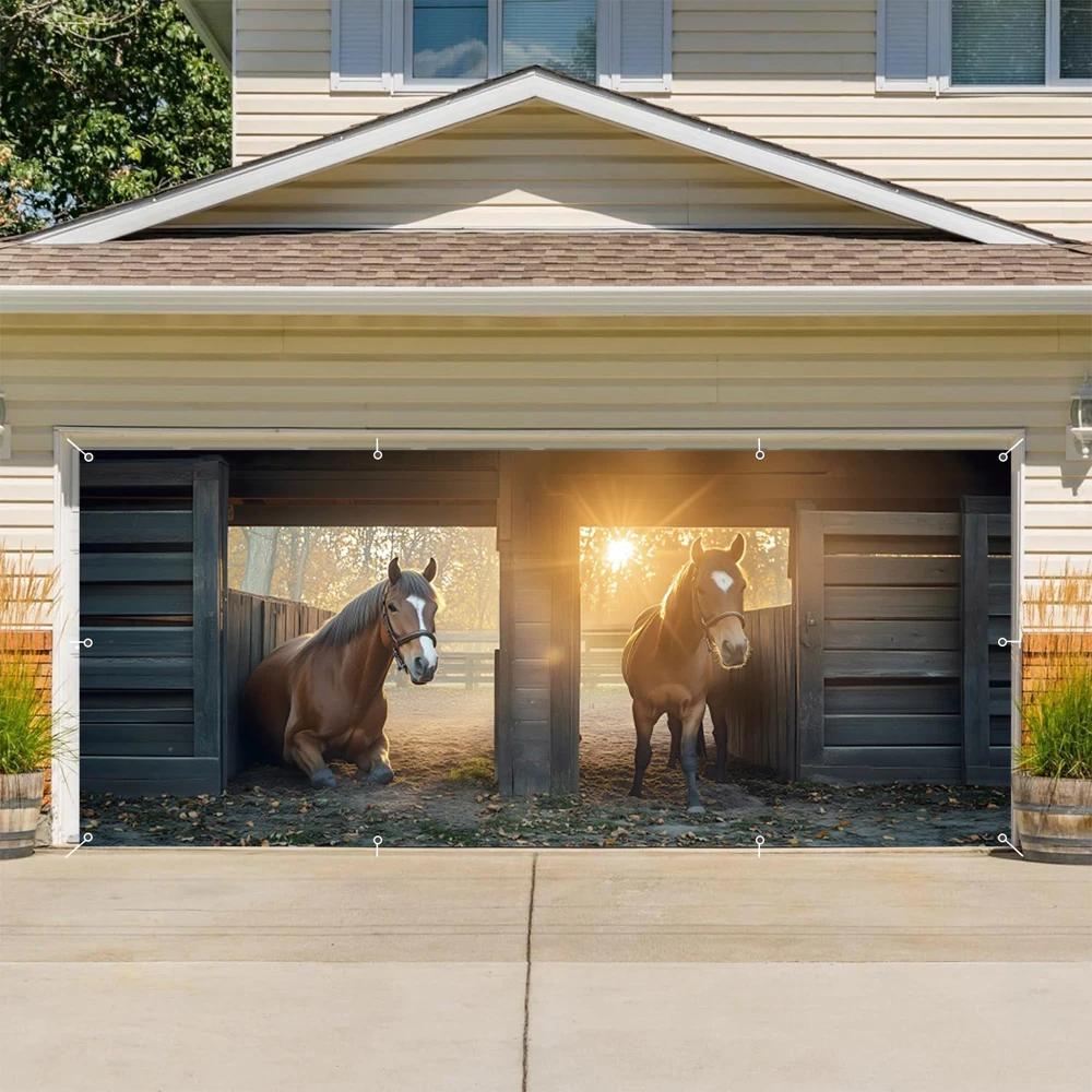 Stables الغابة المشهد باب المرآب راية مزرعة الحيوانات باب خشبي الخيول للديكور في الهواء الطلق المرآب خلفية الفناء راية كبيرة