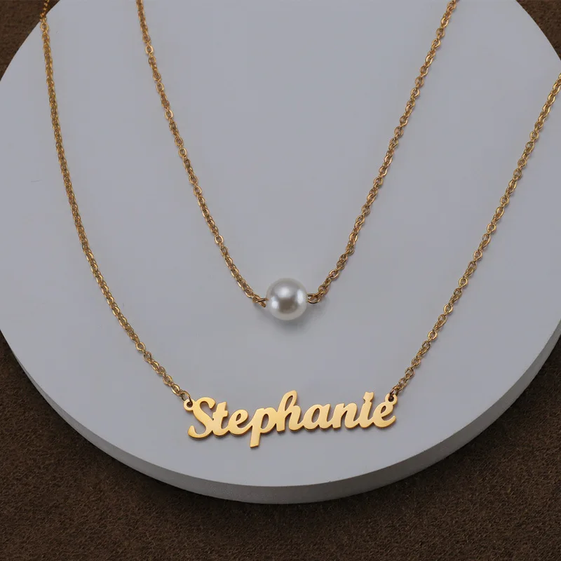 

DIY O-chain Custom Double-layer Pearl Hollow English Letter Stainless Steel Pendant Necklace New Women's Jewelry Versatile