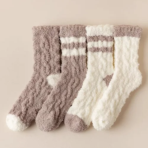 여성용 양모 양말, 따뜻한 스노우 마크론 색상, 두꺼운 플러시 털, 부드러운 산후 스타킹, 바닥 수면 양말, 가을 겨울, 3 쌍 