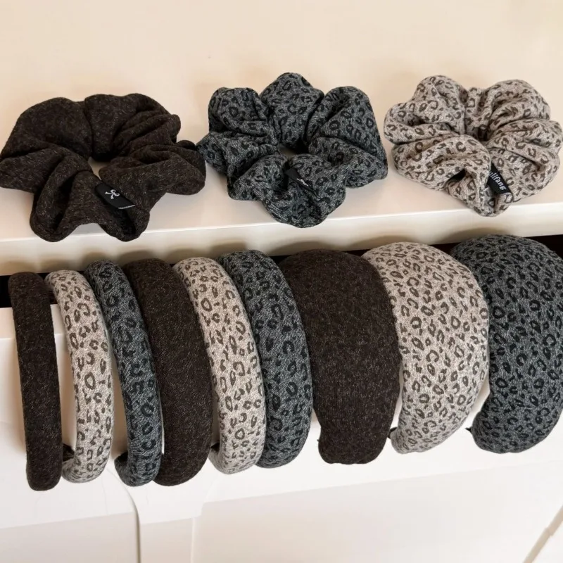 Korean Leopard Print Hair Accessories, Velvet Scrunchies & Padded Headband, Elastic Hair Ties for Women Ponytail Holders