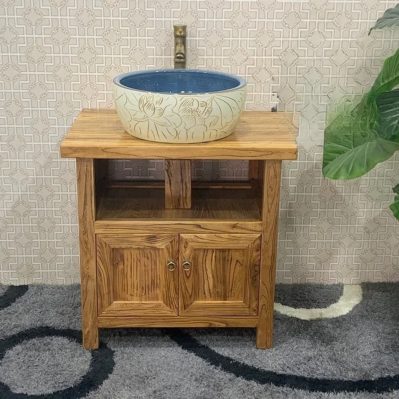 Solid wood floor-to-ceiling antique small apartment on the counter basin, retro old elm Chinese bathroom cabinet combination was