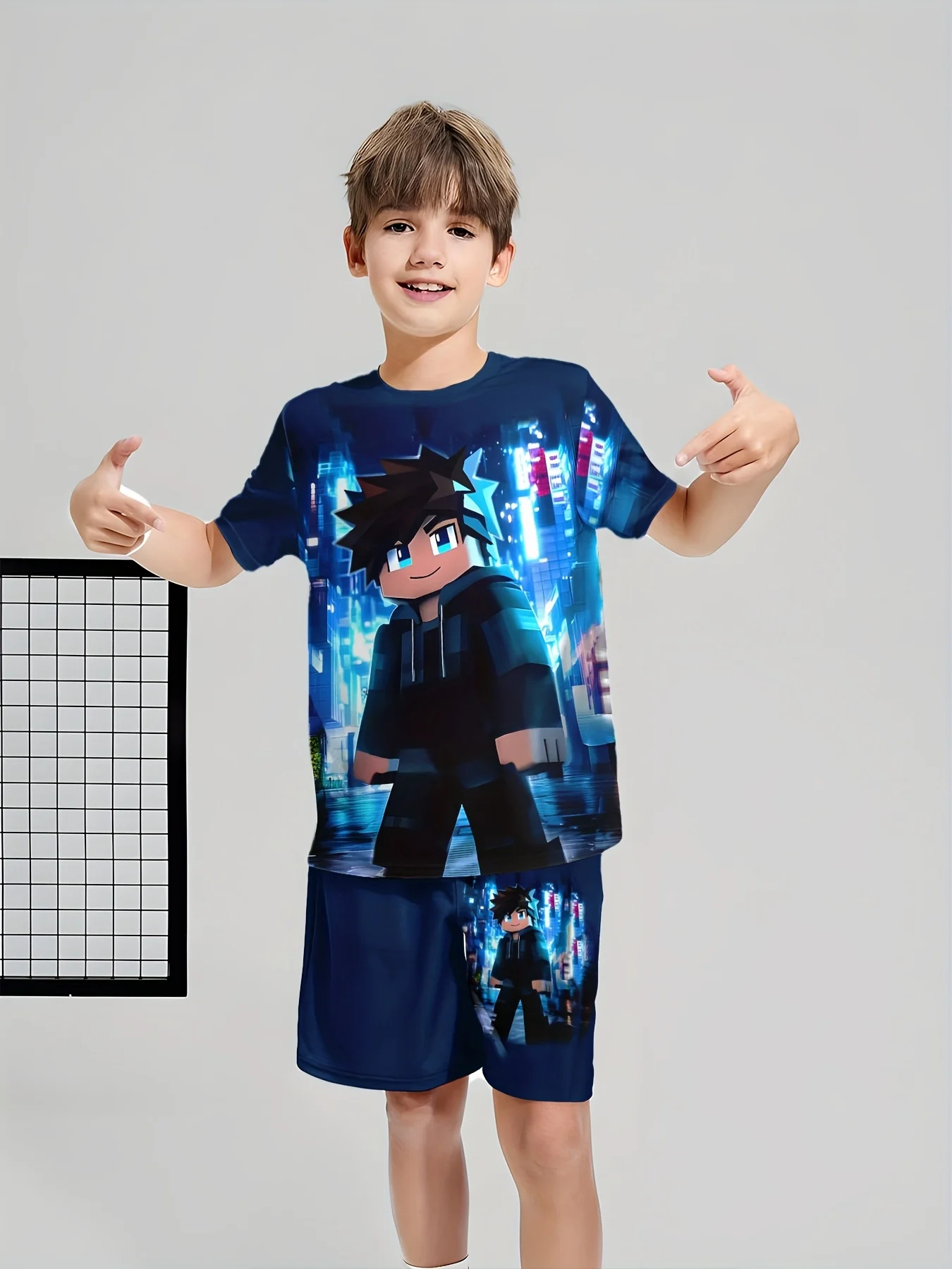 

Boys Fashion 3D Printed Casual Pullover Short Sleeve Shorts T-Shirt, Outdoor Dark Blue Cool Cube Personality
