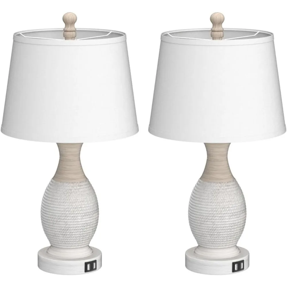 Set of 2 Touch Table Lamps with USB Charging, Dimmable, White Fabric Shade, LED Bulbs Included