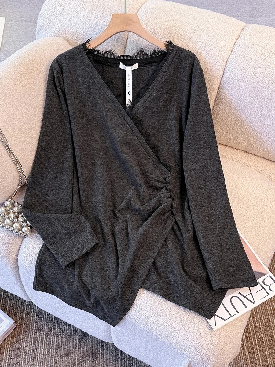 

140Kg Plus Size Women's Bust 145 Spring Autumn Lace Patchwork V-Neck Base Shirt Pleated Top Black 4XL 5XL 6XL 7XL 8XL