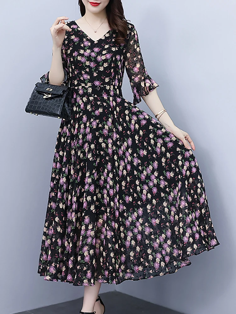 Black Floral Chiffon Casual Beach Outfits for Women Summer Chic Butterfly Sleeve V-Neck Midi Dress 2024 New Korean Evening Dress