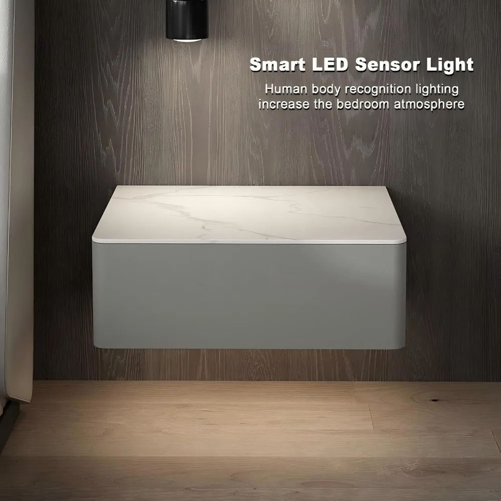 Penyimpanan Dinding Kontemporer dengan Permukaan Batu dan Nakas Laci Terapung