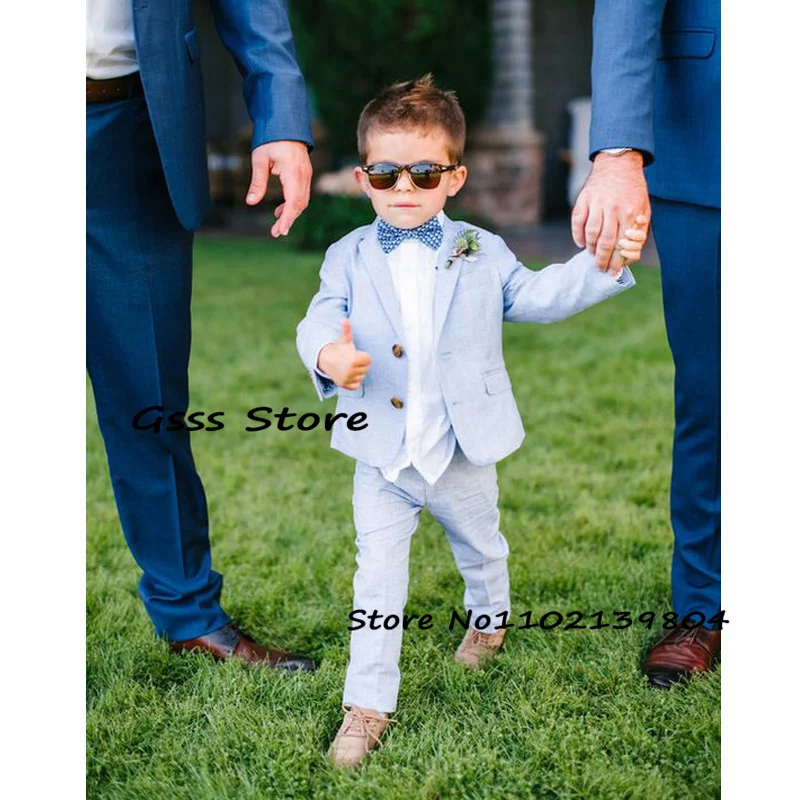 

Summer Boys Wedding Tuxedo Sky Blue Suit 2 Piece Kids Blazer Pants Suit Formal Child Jacket roupa infantil pra menino