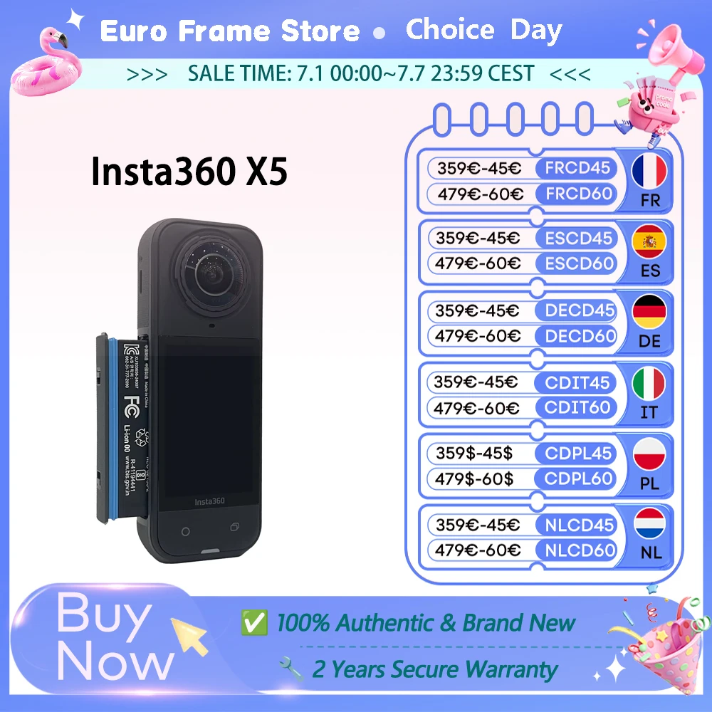 Videocamera d'azione Insta360 X5, nuova versione 8K 30fps, lenti intercambiabili, triplo chip IA, prestazioni elevate in condizioni di scarsa illuminazione, riprese prolungate, Insta 360 X5