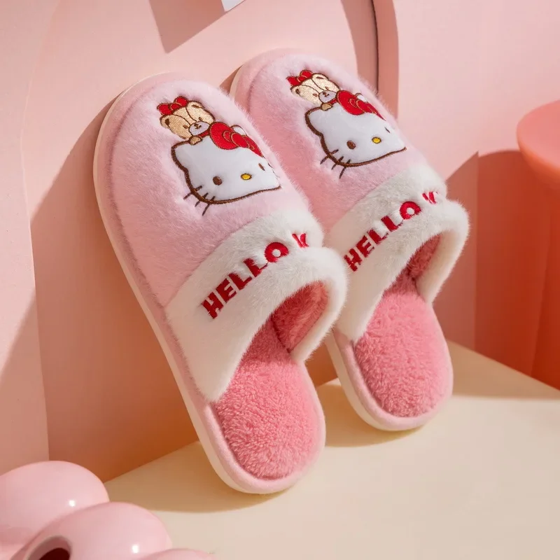 Sanrio-Zapatillas de felpa de Hello Kitty para niña, zapatos planos informales antideslizantes para el hogar, regalos, genuinos, cálidos, Invierno