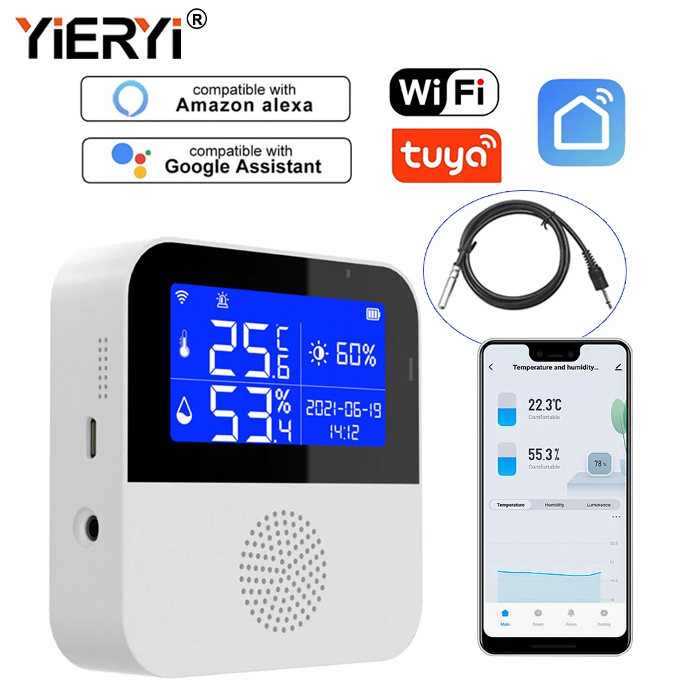 Yieryi WIFI Smart Thermometer Bedroom Hotel Office Temperature Humidity Loggers Sensor Fish Tank Water TEMP Monitoring Detector