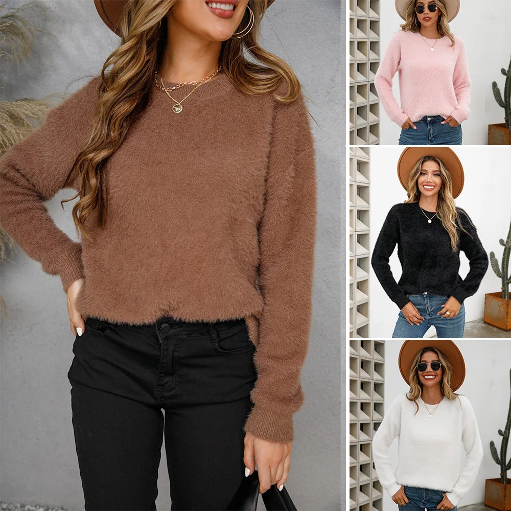 

Pullovers Women Sweaters Knitted Round Neck Full Sleeve Jumpers Y2k Streetwear Elegant Splice Solid Tops Autumn Winter Work