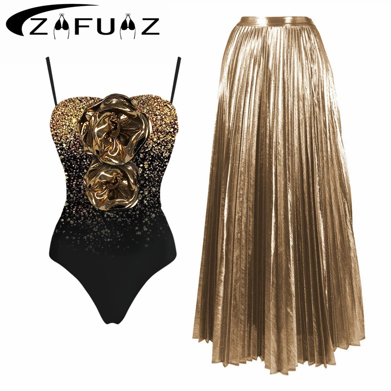 2024 New Glossy Strapless One Piece Swimsuit and Skirt for Women 3D Flower Swimwear Female Shiny Monokini Beach Bathing Suit