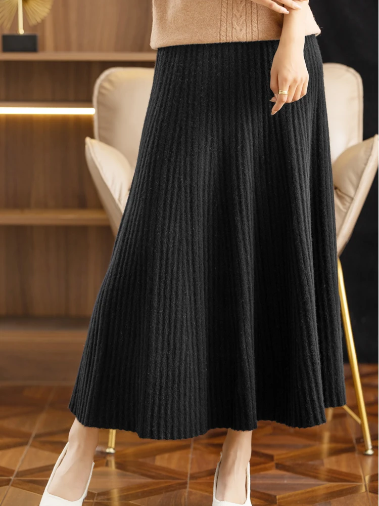 Elegant ผู้หญิงจีบกระโปรง 100% Merino ขนสัตว์กระโปรง A-Line กระโปรงยาวนุ่มฤดูใบไม้ร่วงฤดูหนาว Slim Elastic เอวสํานักงาน