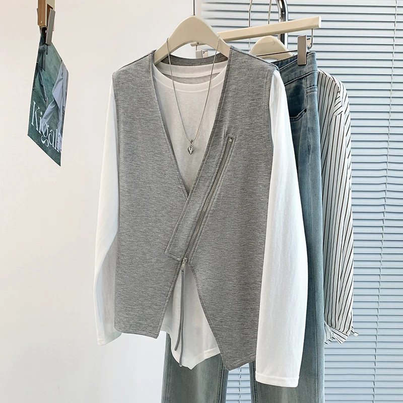 Autumn New plus Size Loose Casual Versatile Anti-Aging Design Slimming Two-Piece Set Tank Top T-Shirt Ensemble Ladies' Cotton...