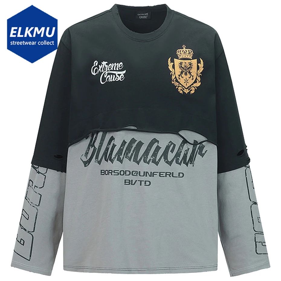 

Streetwear Harajuku Hip Hop T Shirts Fake Two Piece Vinage Oversized T-shirts Loose Casual Long Sleeve Tee Tops Tshirts