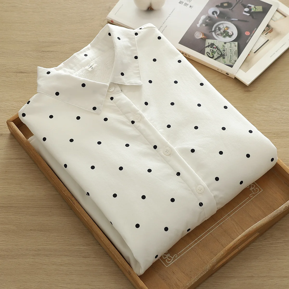 جديد 2025 الخريف قميص قطني بكم طويل الصوف ، المرأة بدوره إلى أسفل طوق نقطة الطباعة ، موري فتاة تخفيف بلوزة فضفاضة دافئة T5O852CC