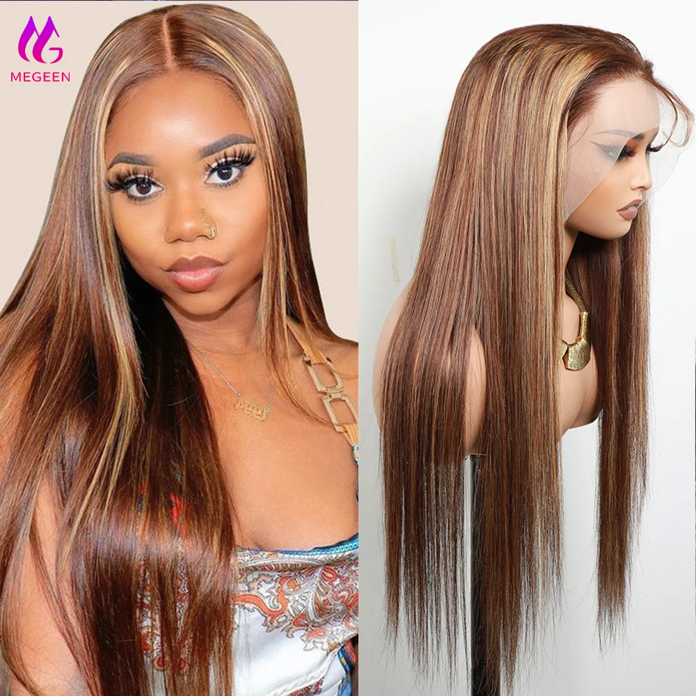Megeen Highlight P4/27 13 x4 parrucche anteriori in pizzo dritto parrucca frontale in pizzo trasparente capelli umani parrucca Ombre color biondo miele Remy