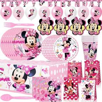 Disney Minnie Mouse Artykuły urodzinowe Dekoracje Minnie Cups Talerze Serwetki Torba na prezenty Banner Pokrowiec na stół na Baby Shower